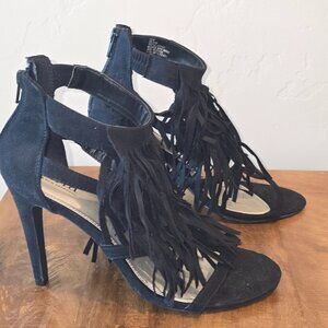 a.n.a Black Fringe Ankle Strap Heels Size 9.5 Stiletto Sandals Boho